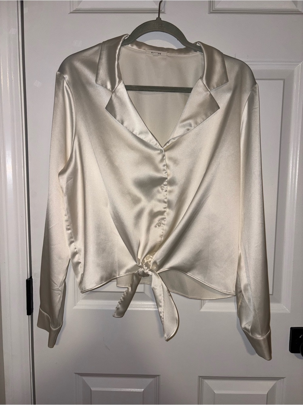 Pleione Satin Tie-Front Blouse in Ivory